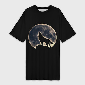Платье-футболка 3D с принтом Силуэт волка под луной в Новосибирске,  |  | beast | full | full moon | glow | light | lunar | moon | night | rock | silhouette | sunset | under | werewolf | wolf | бист | волк | волка | закат | зверь | луна | лунное | лунный | луной | ночь | оборотень | под | полнолуние | сансет | свет | свечение |