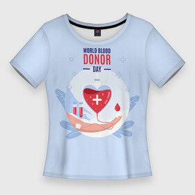 Женская футболка 3D Slim с принтом Помощь. в Новосибирске,  |  | благотворительность | донор | крест | кровь | круг | надпись | помощь | рука | сердце