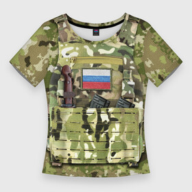 Женская футболка 3D Slim с принтом Бронежилет с боекомплектом в Новосибирске,  |  | армия | боекомплект | бронежилет | камуфляж | магазин акм | солдатский | флаг россии | шеврон | штык нож