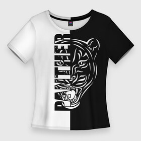 Женская футболка 3D Slim с принтом ПАНТЕРА (PANTHER) в Новосибирске,  |  | animal | beast | black cat | cat | jaguar | leopard | panther | predator | predatory cat | wild cat | багира | джунгли | дикая кошка | животное | зверь | кот | леопард | пантера | хищная кошка | хищник | чёрная кошка | чёрно белое | ягуар