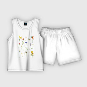 Детская пижама с шортами хлопок с принтом Акварельная иллюстрация полевых цветов в Новосибирске,  |  | акварельный рисунок цветов | василек | иллюстрация цветов | клевер | луговые цветы | лютик | мак | одуванчик | пижма | полевые цветы | ромашка | цветы акварелью