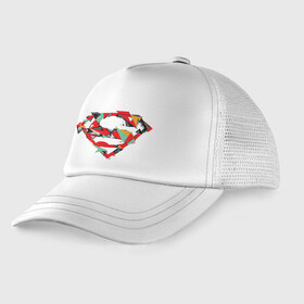 Детская кепка тракер с принтом Logo Superman в Новосибирске, Козырек - 100% хлопок. Кепка - 100% полиэстер, Задняя часть - сетка | универсальный размер, пластиковая застёжка | Тематика изображения на принте: dc | буква | герой | знак | кларк кент | комиксы | логотип | персонаж | супермен
