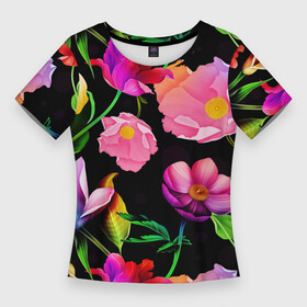 Женская футболка 3D Slim с принтом Цветочный узор  Floral pattern в Новосибирске,  |  | fashion | flower | leaf | pattern | лист | мода | узор | цветы