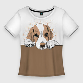 Женская футболка 3D Slim с принтом Грустный Щенок Бигля в Новосибирске,  |  | animal | beagle | dog | hunting dog | бигль | год собаки | гончая собака | друг человека | животное | зверь | кинолог | охотничья собака | пес | порода собак | собака бигль | собаковод | собачка | хищник