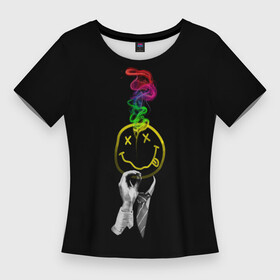Женская футболка 3D Slim с принтом NIRVANA цветной дым в Новосибирске,  |  | nirvana | альтернативный рок | группа | дым | курт кобейн | лого | логотип | логотип нирвана | музыка | нирвана | песни | рок