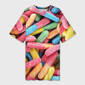 Платье-футболка 3D с принтом Мармеладные червячки в Новосибирске,  |  | Тематика изображения на принте: sweet | десерт | макаронс | мармелад | мармеладки | мармеладные червячки | пирожные | разноцветные | сахар | сладкий пирожок | сладкий пирожочек | сладкоежка | сладкоешка | сладости | червяки