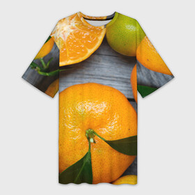 Платье-футболка 3D с принтом Мандаринки на деревянном столе в Новосибирске,  |  | orange | дерево | лето | листья | новый год | оранж | осень | свежесть | сок | уют | цитрус | цитрусовые