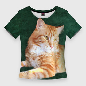 Женская футболка 3D Slim с принтом Мейн кун рыжий кот в Новосибирске,  |  | cat | зеленая | зеленый | кот | котенок | котик | красивый | кун | мейн | порода | рыжий | фотография