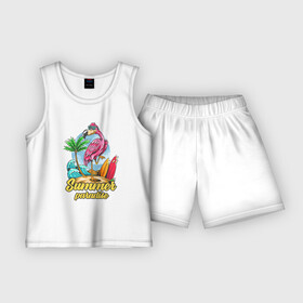 Детская пижама с шортами хлопок с принтом Summer Paradise  Фламинго в Новосибирске,  |  | flamingo | paradise | summer | лето | море | отдых | отпуск | пальма | пляж | птица | рай | розовый | фламинго