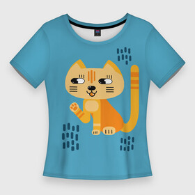 Женская футболка 3D Slim с принтом Рыжий кот в геометрическом стиле в Новосибирске,  |  | Тематика изображения на принте: геометрический стиль | кот | котенок | котик | кошачий | кошка | лапа | лапка | мультяшный стиль | оранжевый | плоский стиль | рыжий | синий фон | стилизованный | упрощенный стиль