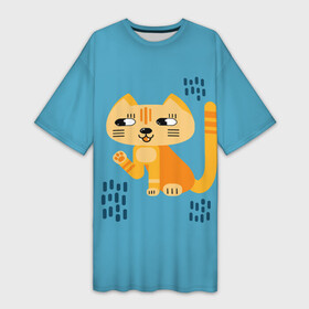 Платье-футболка 3D с принтом Рыжий кот в геометрическом стиле в Новосибирске,  |  | Тематика изображения на принте: геометрический стиль | кот | котенок | котик | кошачий | кошка | лапа | лапка | мультяшный стиль | оранжевый | плоский стиль | рыжий | синий фон | стилизованный | упрощенный стиль