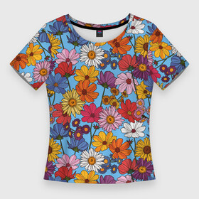 Женская футболка 3D Slim с принтом Ромашки лютики в Новосибирске,  |  | Тематика изображения на принте: васильки | лето | маки | паттерн | поле | полевые цветы | ромашка | цветы