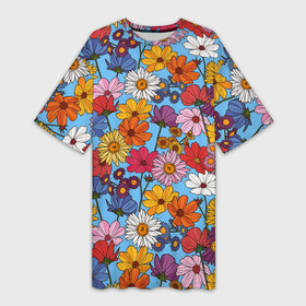 Платье-футболка 3D с принтом Ромашки лютики в Новосибирске,  |  | Тематика изображения на принте: васильки | лето | маки | паттерн | поле | полевые цветы | ромашка | цветы