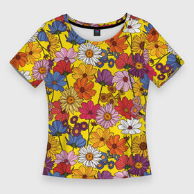 Женская футболка 3D Slim с принтом Цветочки лютики на желтом фоне в Новосибирске,  |  | Тематика изображения на принте: васильки | лето | полевые цветы | природа | ромашки | цветы