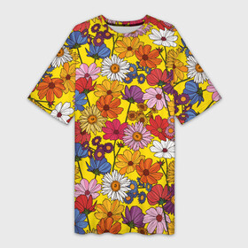 Платье-футболка 3D с принтом Цветочки лютики на желтом фоне в Новосибирске,  |  | Тематика изображения на принте: васильки | лето | полевые цветы | природа | ромашки | цветы