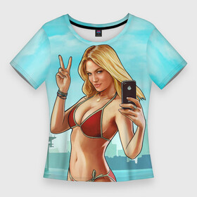 Женская футболка 3D Slim с принтом GTA Beach girl в Новосибирске,  |  | Тематика изображения на принте: beach | blondie | girl | gta | gta 5 | ifruit | phone | блондинка | гта | гта 5 | девушка | купальник | пляж | телефон