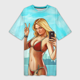 Платье-футболка 3D с принтом GTA Beach girl в Новосибирске,  |  | Тематика изображения на принте: beach | blondie | girl | gta | gta 5 | ifruit | phone | блондинка | гта | гта 5 | девушка | купальник | пляж | телефон
