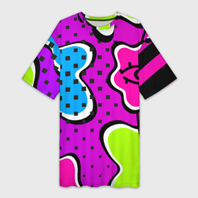 Платье-футболка 3D с принтом Яркий абстрактный узор в стиле 90х, неоновые цвета в Новосибирске,  |  | 90 | 90х | 90ые | pop art | амебы | геометрический | глаз | глаза | кислотные | кляксы | неон | неоновый | поп | поп арт | пятна | розовый | салатовый | сетка дот | яркий