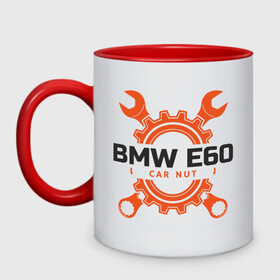 Кружка двухцветная с принтом BMW E60 в Новосибирске, керамика | объем — 330 мл, диаметр — 80 мм. Цветная ручка и кайма сверху, в некоторых цветах — вся внутренняя часть | auto | bmw | car | driver | авто | автомобиль | бмв | водитель | дорога | машина | скорость