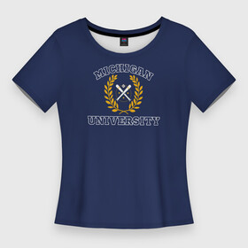 Женская футболка 3D Slim с принтом Michigan University, дизайн в стиле американского университета на синем фоне в Новосибирске,  |  | est | michigan | university | америка | американские университеты | американский колледж | американский спорт | биты | колледж | мяч | спорт | сша | университеты америки