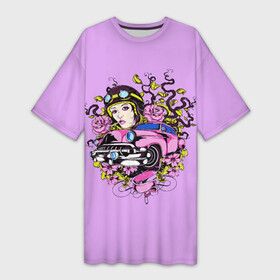Платье-футболка 3D с принтом ДЕВУШКА ГОНЩИЦА в Новосибирске,  |  | car | engine | flowers | girl | helmet | racer | racing | speed | victory | vintage | автомобиль | винтаж | гонки | гонщик | двигатель | девушка | победа | скорость | цветы | шлем
