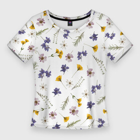 Женская футболка 3D Slim с принтом Простые цветы на белом фоне в Новосибирске,  |  | белый фон | василек | весна | веточки | детский принт | летний принт | лето | милый принт | наивный принт | пионы | простые цветы | разноцветные цветы | ромашки | сирень | цветочки | цветочный дизайн