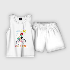 Детская пижама с шортами хлопок с принтом Прогулка на велике в Новосибирске,  |  | арт | велик | велосипед | детям | для девочек | дочке | женская | красочная | летняя | лето | облака | ребенку | рисунок | с рисунком | солнце | солнышко | хлопковая | хлопок