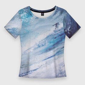 Женская футболка 3D Slim с принтом Противостояние волне в Новосибирске,  |  | ognivo | акварель | акварельный рисунок | большая волна | бушующий океан | волна | живопись | ильина ирина | море | огниво | океан | развлечения | рисунок акварелью | серфер | серфингист | спорт | хобби
