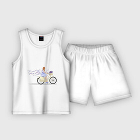 Детская пижама с шортами хлопок с принтом Девушка с лавандой в Новосибирске,  |  | Тематика изображения на принте: велосипед | девушка | девушка на велосипеде | лаванда | цветок