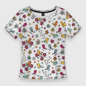 Женская футболка 3D Slim с принтом Птицы и цветы. Разноцветный узор в дудл стиле в Новосибирске,  |  | весна | ветка | веточки | детский рисунок | дудл | дудлинг | желтый | красочный | обводка | оранжевый | паттерн | питомцы | природа | птицы | разноцветный узор | розовый | цветок | цветочный узор