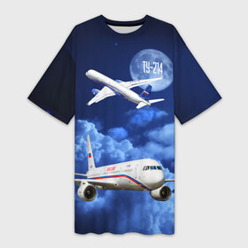 Платье-футболка 3D с принтом Пассажирский самолет Ту 214 в Новосибирске,  |  | blue sky | civil | clouds | flies | plane | takeoff | tupolev | взлет | голубое небо | гражданский | летит | облака | самолет | ту 214 | туполев