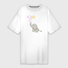 Платье-футболка хлопок с принтом Милый Слонёнок и Кролик Играют Со Звездой в Новосибирске,  |  | animals | beast | cute | hare | rabbit | животные | заяц | звери | кролик | крольчонок | милый | слон | слонёнок