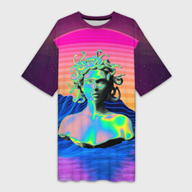 Платье-футболка 3D с принтом Gorgon Medusa  Vaporwave  Neon  Mountains в Новосибирске,  |  | color | face | gorgon | medusa | neon | snake | vaporwave | горгона | змея | лицо | медуза | неон | цвет