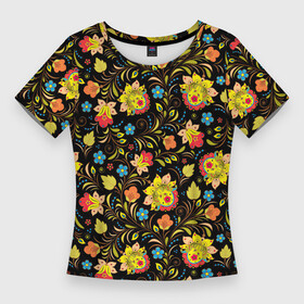 Женская футболка 3D Slim с принтом Мелкая хохлома в Новосибирске,  |  | арт | вектор | желтый | зеленый | золотой | красный | народный рисунок | рисунок | хохлома | цветок | цветы | чёрный | ягода | ягоды