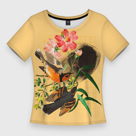 Женская футболка 3D Slim с принтом ПТИЦЫ ПРИЛЕТЕЛИ в Новосибирске,  |  | винтаж | животные | забавные | зеленый | красочные | лето | любовь | милые | небо | оранжевый | пейзаж | природа | птицы | розовый | цветы