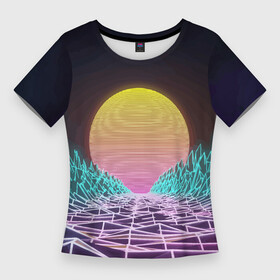 Женская футболка 3D Slim с принтом Vaporwave  Закат солнца в горах  Neon в Новосибирске,  |  | mountains | neon | sun | sunset | vaporwave | горы | закат | неон | солнце