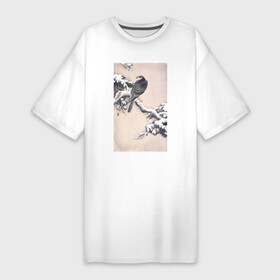 Платье-футболка хлопок с принтом Goshawk on Snow covered Pine Bough в Новосибирске,  |  | japan | ohara koson | винтаж | искусство | картины | культура японии | природа | птицы | япония | японская культура | ястреб