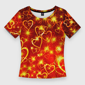 Женская футболка 3D Slim с принтом СВЕТЯЩИЕСЯ СЕРДЕЧКИ в Новосибирске,  |  | Тематика изображения на принте: день святого валентина | желтый | красный | любовь | милый | неон | светящееся сердце | светящиеся сердечки | свечение | сердечки | узор