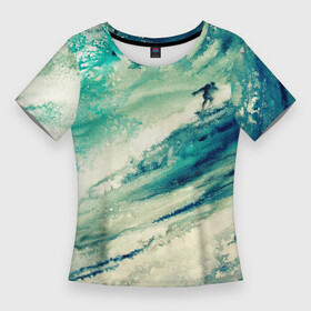 Женская футболка 3D Slim с принтом Лазурная волна в Новосибирске,  |  | Тематика изображения на принте: ognivo | акварель | акварельный рисунок | большая волна | бушующий океан | волна | живопись | ильина ирина | море | огниво | океан | развлечения | рисунок акварелью | серфер | серфингист | спорт | хобби