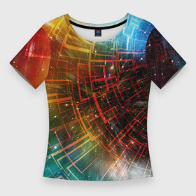 Женская футболка 3D Slim с принтом Portal  Neon Space  туннель из энергетических панелей в Новосибирске,  |  | cosmos | neon | portal | space | stars | звёзды | космос | неон | портал | пространство