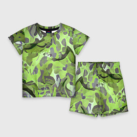 Детский костюм с шортами 3D с принтом Green breeze в Новосибирске,  |  | art | camouflage | colors | gray | green | military | pattern | soldier | war | военный | зеленый | камуфляж | маскировка | паттерн | серый | солдат | узор