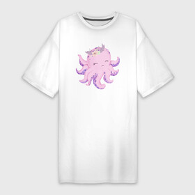 Платье-футболка хлопок с принтом Милая Осьминожка С Цветами в Новосибирске,  |  | Тематика изображения на принте: animals | beast | cute | octopus | животные | звери | милый | осьминог | осьминожка