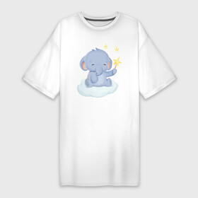 Платье-футболка хлопок с принтом Милый Слонёнок На Облаке Со Звездой в Новосибирске,  |  | animals | beast | cute | животные | звери | милый | слон | слонёнок