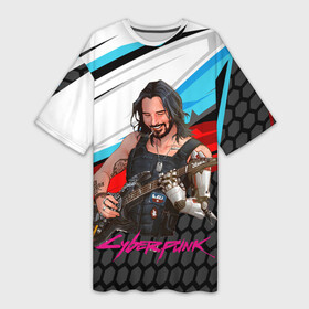 Платье-футболка 3D с принтом Cyberpunk2077 Johnny с гитарой в Новосибирске,  |  | 2077 | cyberpunk | cyberpunk 2077 | jognny | night city | vi | ви | джони | джонни | кибер | киберпанк | найтсити | панк