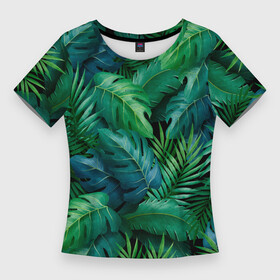 Женская футболка 3D Slim с принтом Green plants pattern в Новосибирске,  |  | flower | flowers | листья | паттерн | паттерн растения | растения | тропические цветы | цветочки | цветы