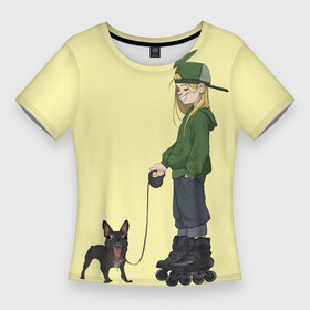 Женская футболка 3D Slim с принтом Девочка и собака улыбака в Новосибирске,  |  | Тематика изображения на принте: бульдог | девушка | мопс | ролики | роллер | смайл | собака | тинейджер | улыбка