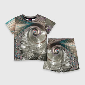 Детский костюм с шортами 3D с принтом Fractal pattern  Spiral  Серебристый фрактал спираль в Новосибирске,  |  | abstraction | fashion | fractal | pattern | spiral | vangard | абстракция | авангард | мода | спираль | узор | фрактал