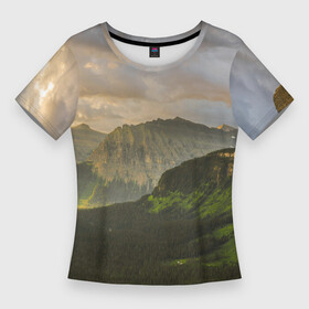 Женская футболка 3D Slim с принтом Горы, лес, небо в Новосибирске,  |  | Тематика изображения на принте: алтай | горы | деревья | лес | небо | природа | скалы