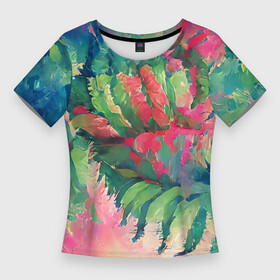 Женская футболка 3D Slim с принтом Тропический микс в Новосибирске,  |  | colors | fern | jungle | leaves | multicoloured | palm | summer | tree | деревья | джунгли | летнее настроение | лето | листья | пальма | папоротник | радостный | разноцветный | растения | рисунок | тропики | яркий