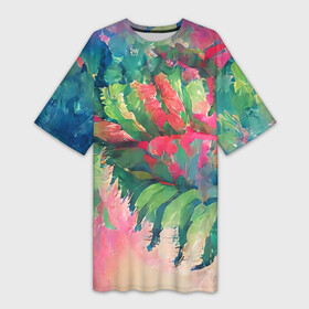 Платье-футболка 3D с принтом Тропический микс в Новосибирске,  |  | colors | fern | jungle | leaves | multicoloured | palm | summer | tree | деревья | джунгли | летнее настроение | лето | листья | пальма | папоротник | радостный | разноцветный | растения | рисунок | тропики | яркий